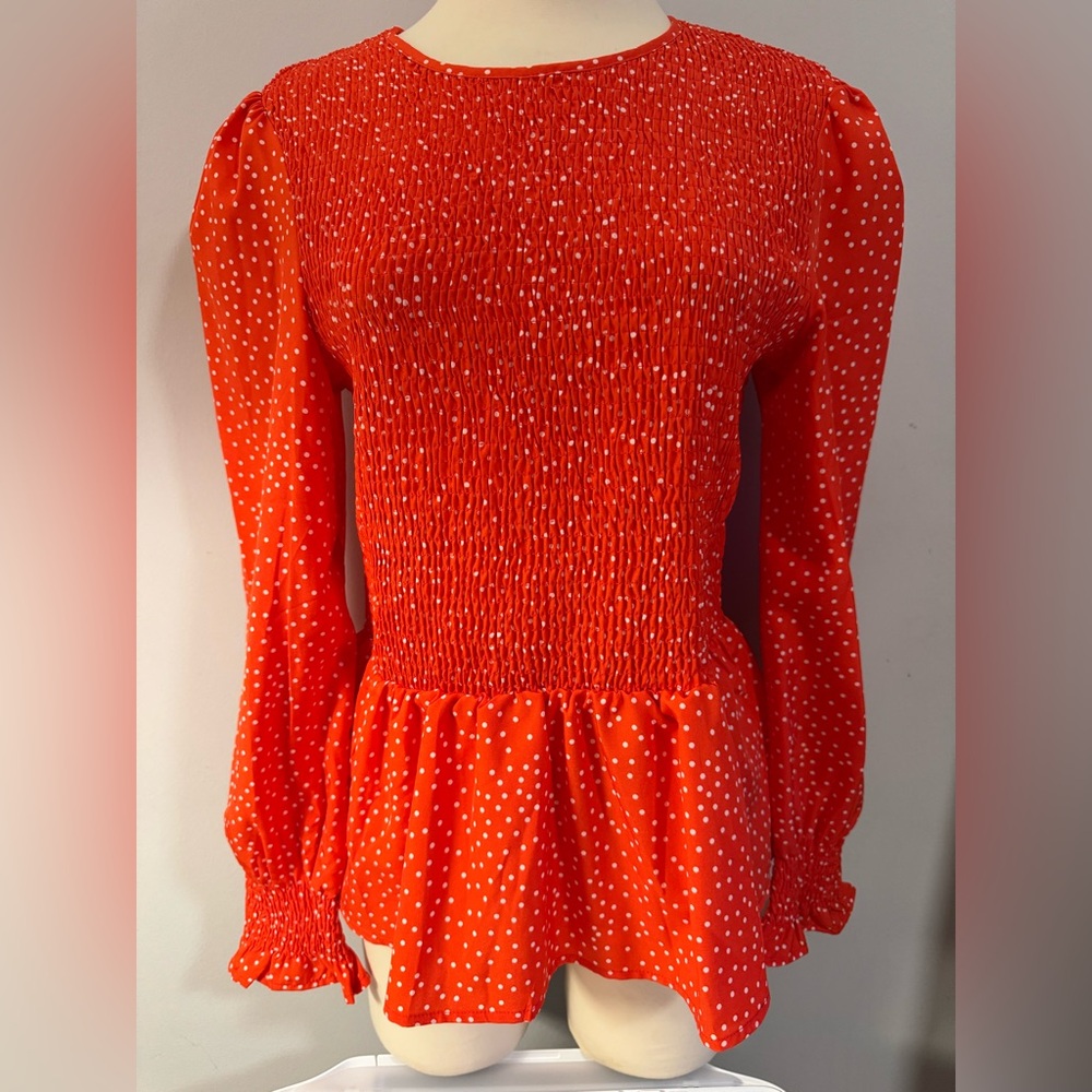 BNWT Women’s Red Polka Dot Smocked Peplum Long-Sleeve Top size L